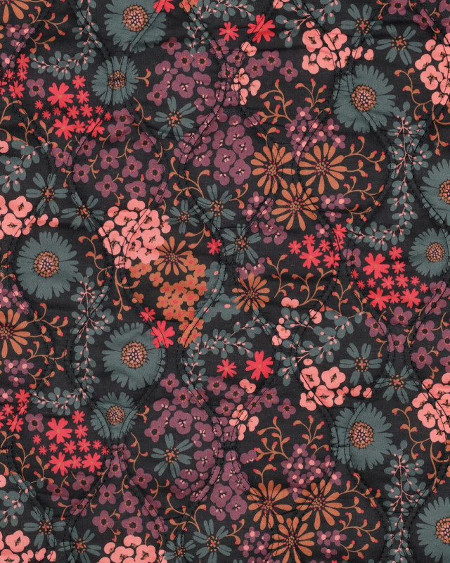 Tissu Matelassé Coton Double Face Fleuri Noir - Mercerine