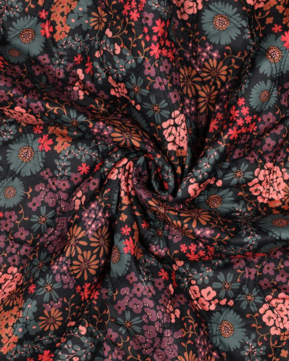 Tissu Matelassé Coton Double Face Fleuri Noir - Mercerine