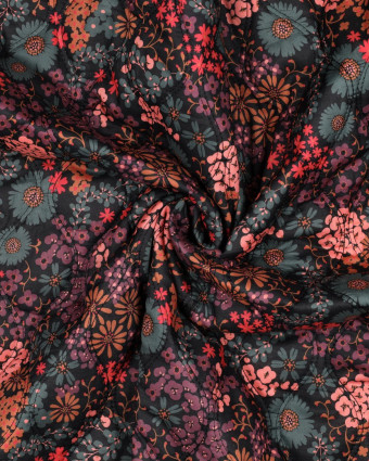 Tissu Matelassé Coton Double Face Fleuri Noir - Mercerine