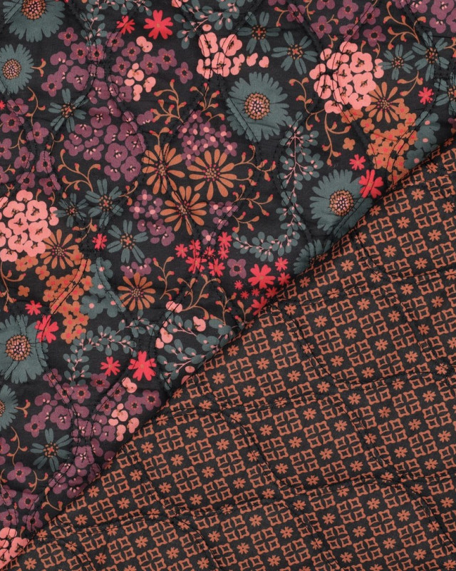 Tissu Matelassé Coton Double Face Fleuri Noir - Mercerine