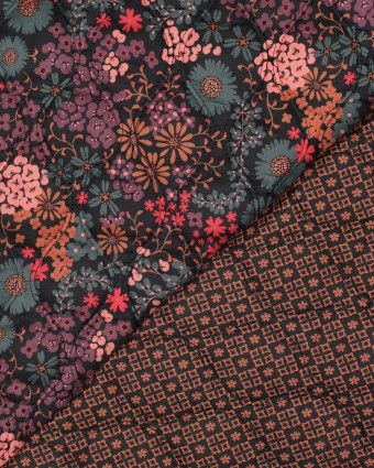 Tissu Matelassé Coton Double Face Fleuri Noir - Mercerine