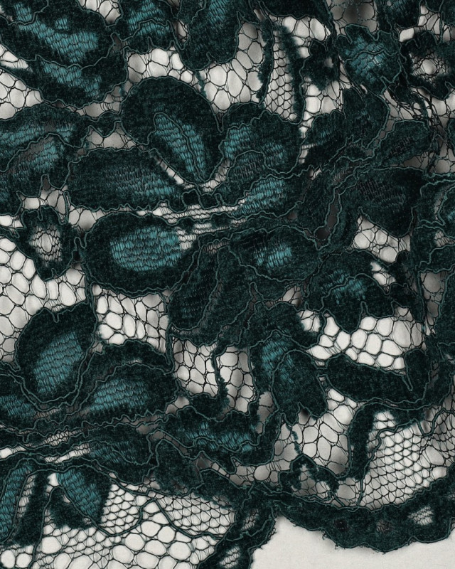 Tissu Dentelle Velours Festonnée Vert Bouteille  - Mercerine