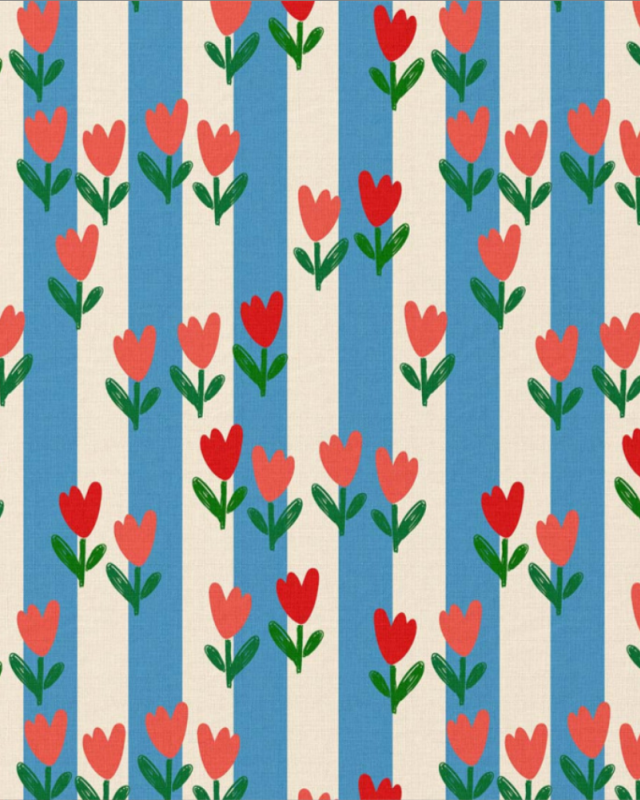 Tissu Coton Imprimé Fleuri Tulipe Rayé - Mercerine