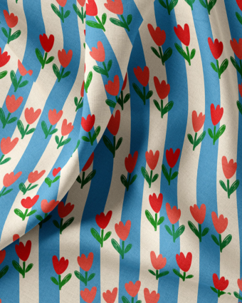 Tissu Coton Imprimé Fleuri Tulipe Rayé - Mercerine
