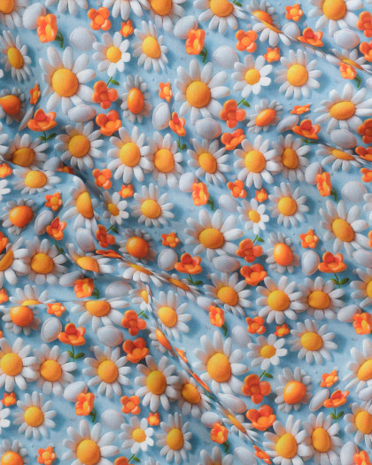 Coton Imprimé 3D Pâquerette Blanche et Bleu - Mercerine