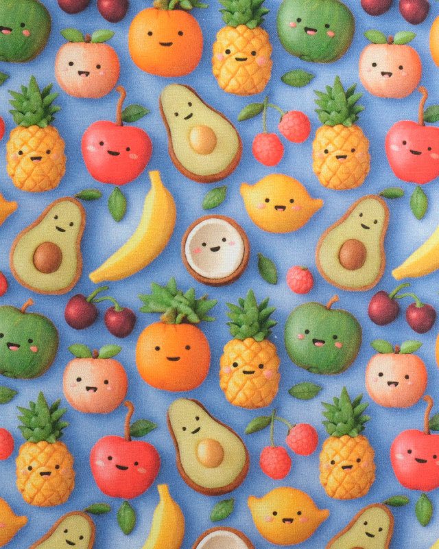 Coton Enduit Motif 3D Fruit Fond Bleu - Mercerine