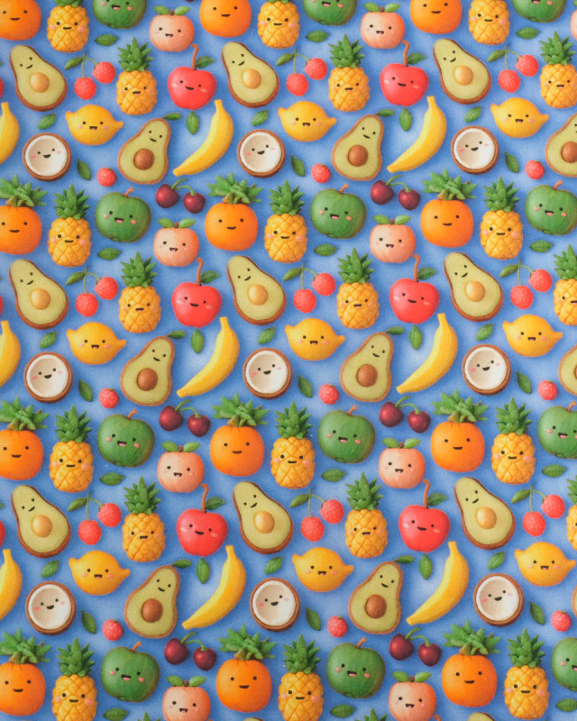 Coton Enduit Motif 3D Fruit Fond Bleu - Mercerine