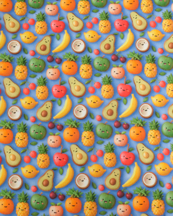 Coton Enduit Motif 3D Fruit Fond Bleu - Mercerine