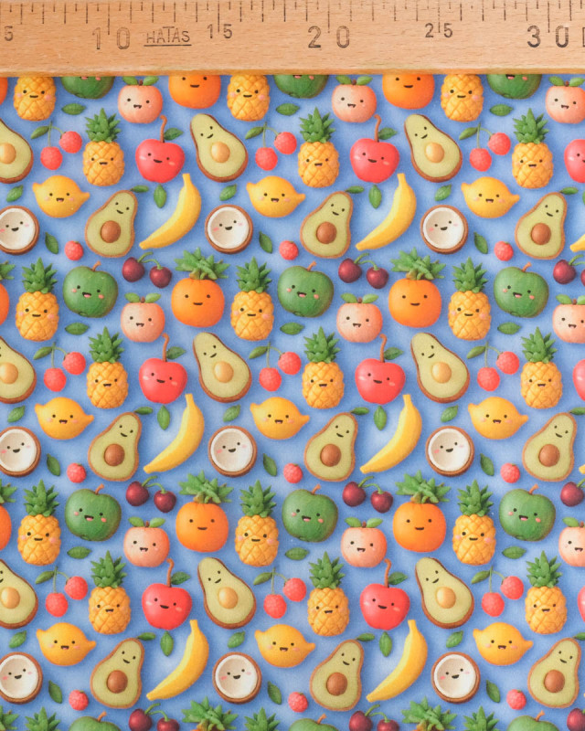 Coton Enduit Motif 3D Fruit Fond Bleu - Mercerine