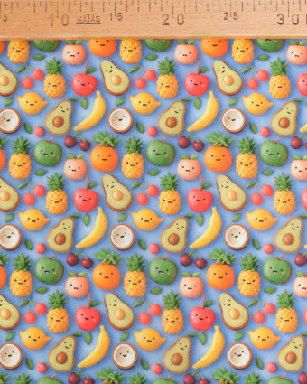 Coton Enduit Motif 3D Fruit Fond Bleu - Mercerine
