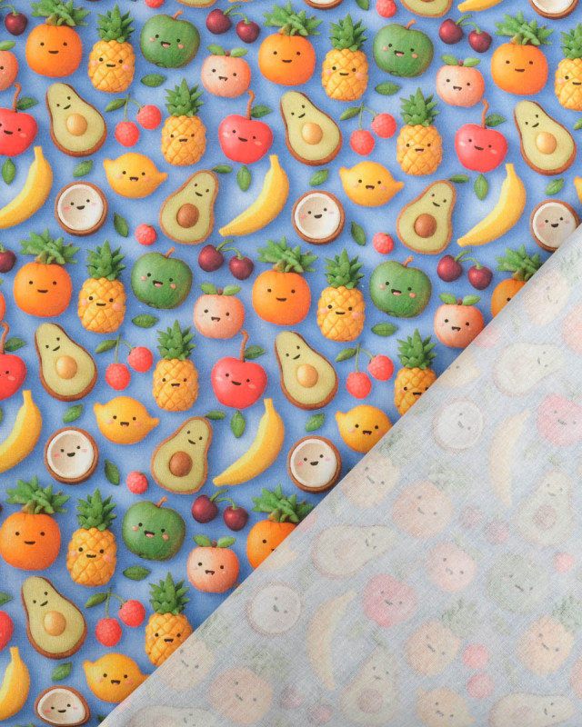 Coton Enduit Motif 3D Fruit Fond Bleu - Mercerine
