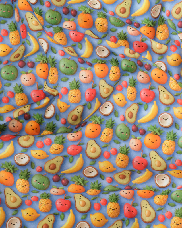Coton Enduit Motif 3D Fruit Fond Bleu - Mercerine