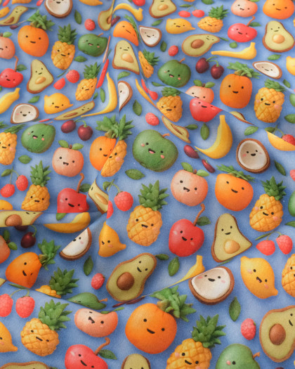 Coton Enduit Motif 3D Fruit Fond Bleu - Mercerine