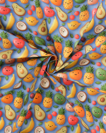 Coton Enduit Motif 3D Fruit Fond Bleu - Mercerine
