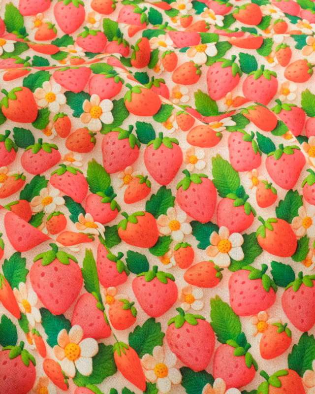 Coton Imprimé Fraise Rose 3D - Mercerine