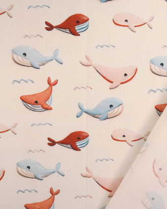 Popeline de Coton Baleine Bleu et Rouge - Mercerine