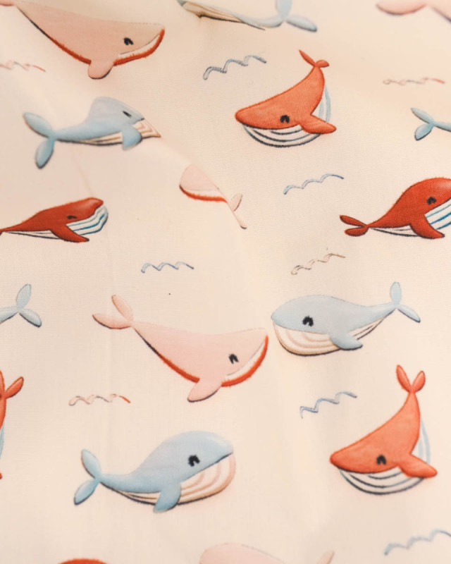 Popeline de Coton Baleine Bleu et Rouge - Mercerine