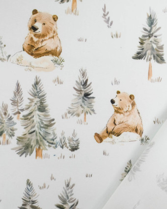 Popeline de Coton Ours Forêt Fond Blanc - Mercerine