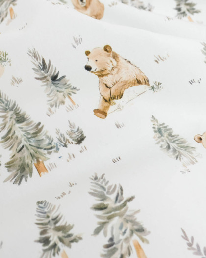 Popeline de Coton Ours Forêt Fond Blanc- Mercerine
