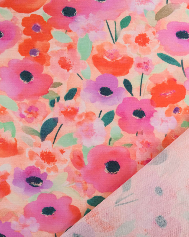 Popeline de Coton Fleurs Rouge et Rose - Mercerine