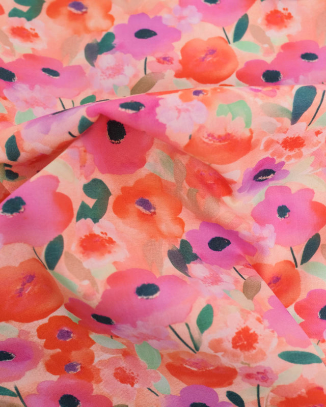 Popeline de Coton Fleurs Rouge et Rose - Mercerine