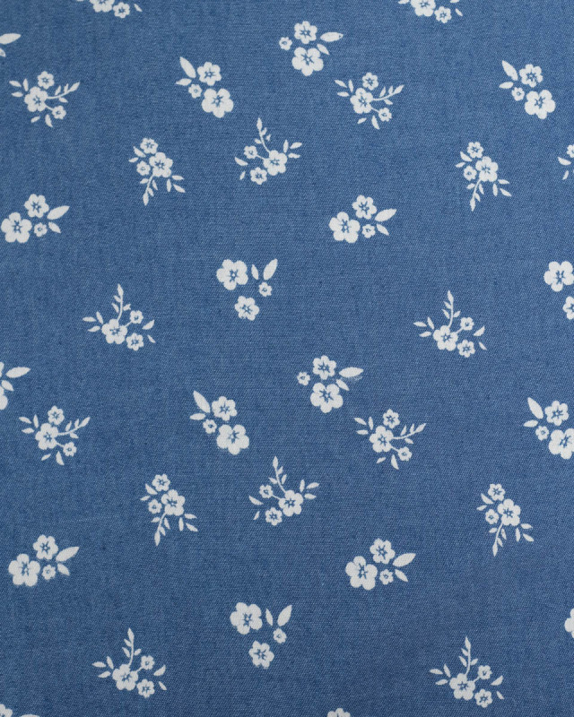 Tissu Chambray Jean Palerme Fleur Fond Bleu Jean - Mercerine