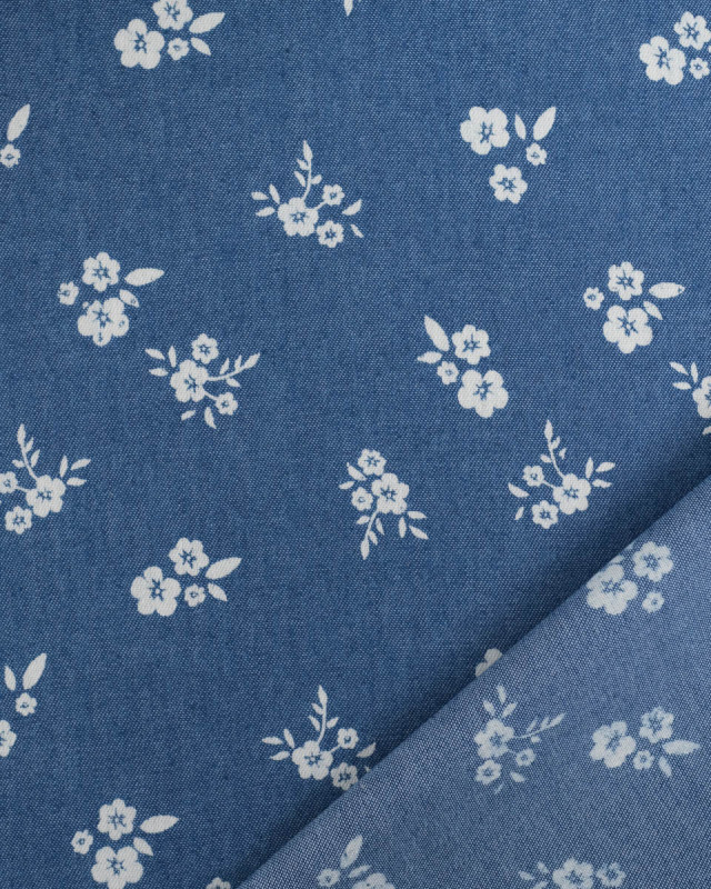 Tissu Chambray Jean Palerme Fleur Fond Bleu Jean - Mercerine