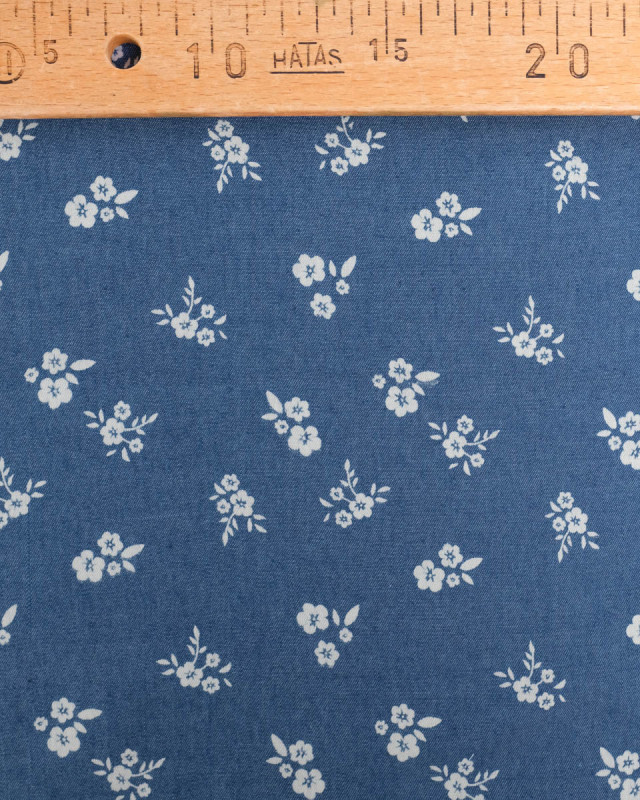 Tissu Chambray Jean Palerme Fleur Fond Bleu Jean - Mercerine