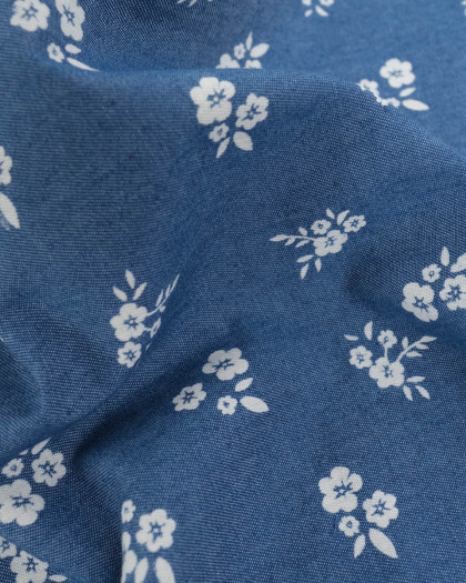 Tissu Chambray Jean Palerme Fleur Fond Bleu Jean