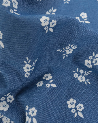 Tissu Chambray Jean Palerme Fleur Fond Bleu Jean