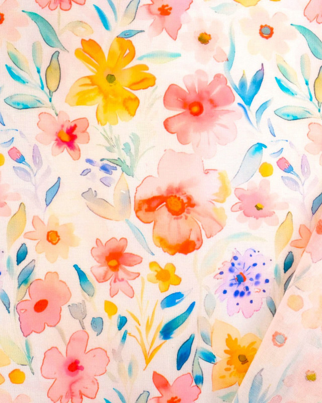 Voile de Coton Mila Fleur Aquarelle Rose  - Mercerine