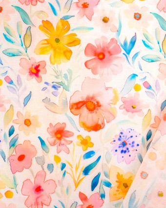 Voile de Coton Mila Fleur Aquarelle Rose  - Mercerine