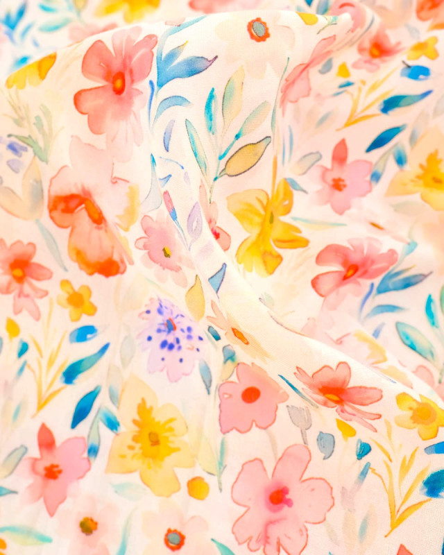 Voile de Coton Mila Fleur Aquarelle Rose  - Mercerine