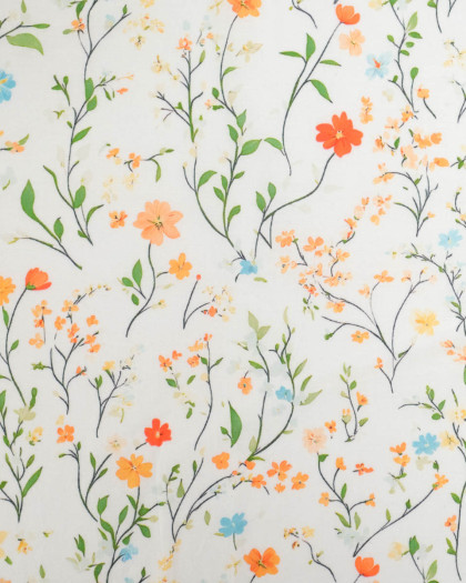 Voile de Coton Mila Fleur Des Champs Orange Vert  - Mercerine