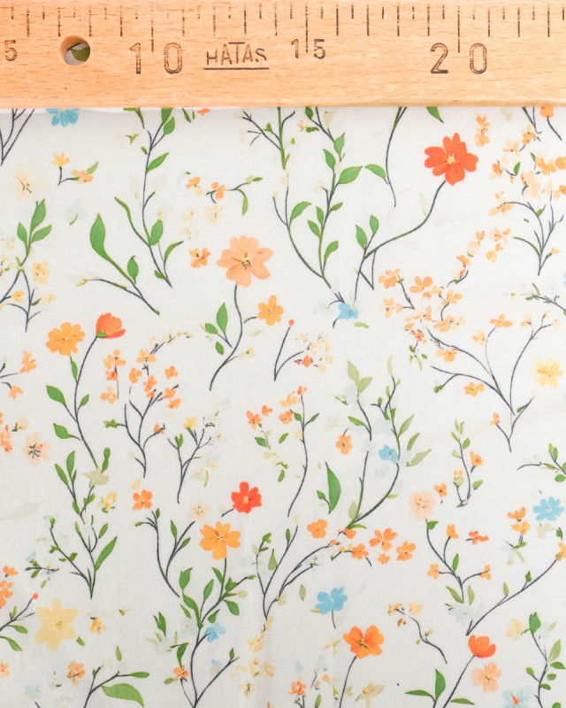 Voile de Coton Mila Fleur Des Champs Orange Vert  - Mercerine