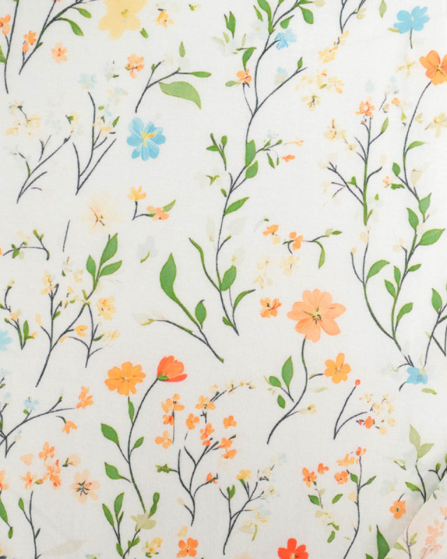 Voile de Coton Mila Fleur Des Champs Orange Vert  - Mercerine
