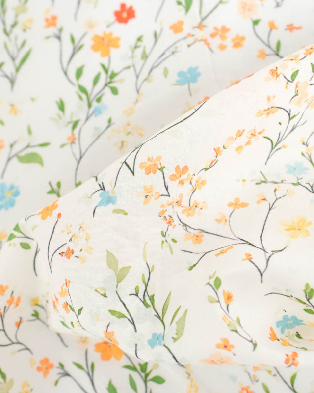 Voile de Coton Mila Fleur Des Champs Orange Vert  - Mercerine