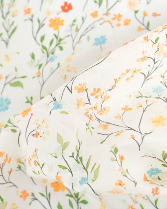 Voile de Coton Mila Fleur Des Champs Orange Vert  - Mercerine