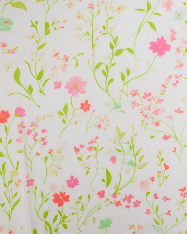 Voile de Coton Mila Fleur Des Champs Rose Anis - Mercerine