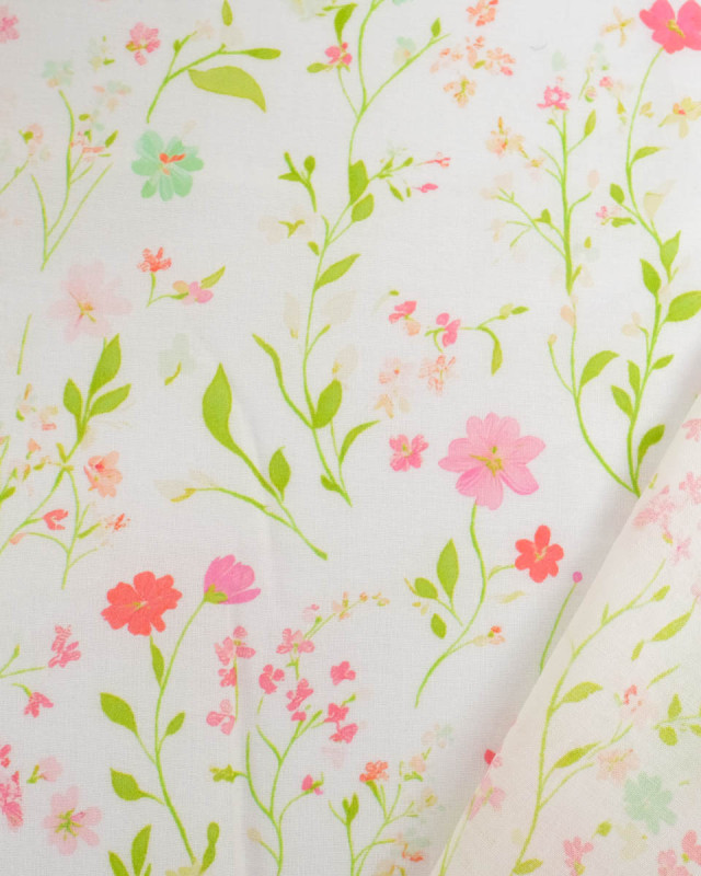 Voile de Coton Mila Fleur Des Champs Rose Anis - Mercerine