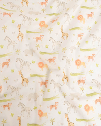Popeline de Coton Motif Jungle Fond Ecru - Mercerine