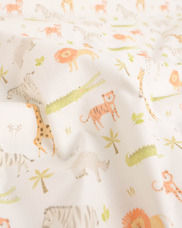 Popeline de Coton Motif Jungle Fond Ecru - Mercerine