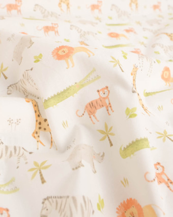 Popeline de Coton Motif Jungle Fond Ecru - Mercerine