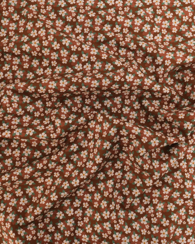 Popeline de Coton Fleur Fond Marron - Mercerine