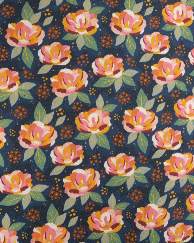 Popeline de Coton à Fleurs Multicolor Fond Bleu Nuit - Mercerine