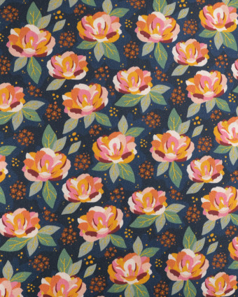 Popeline de Coton à Fleurs Multicolor Fond Bleu Nuit - Mercerine