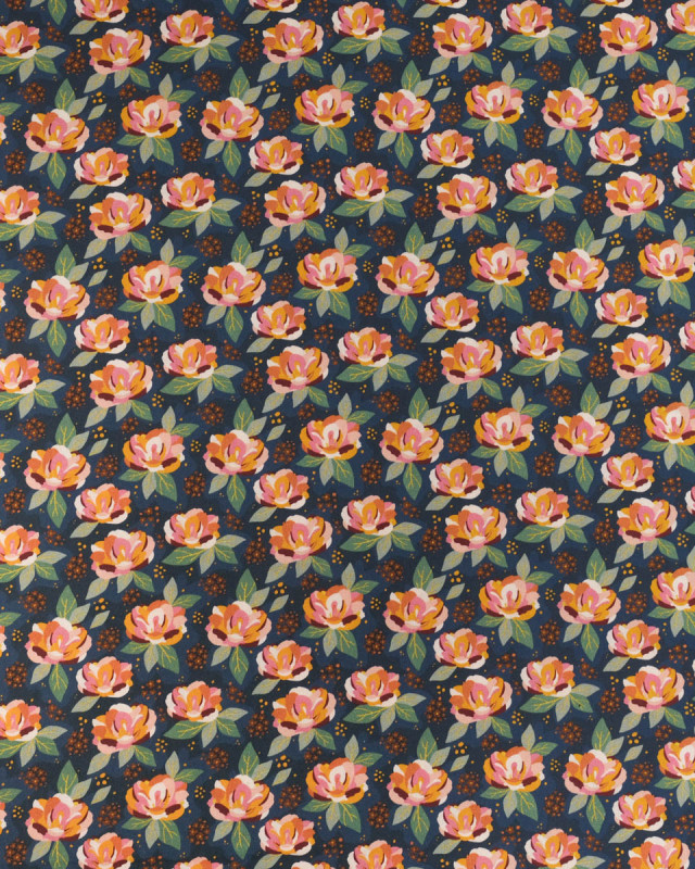 Popeline de Coton à Fleurs Multicolor Fond Bleu Nuit - Mercerine