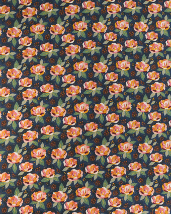 Popeline de Coton à Fleurs Multicolor Fond Bleu Nuit - Mercerine