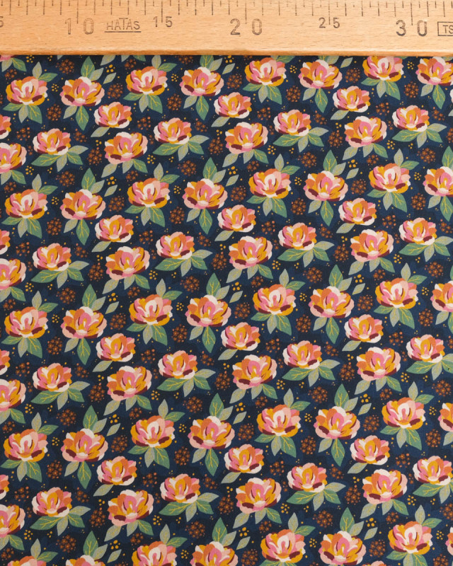 Popeline de Coton à Fleurs Multicolor Fond Bleu Nuit - Mercerine