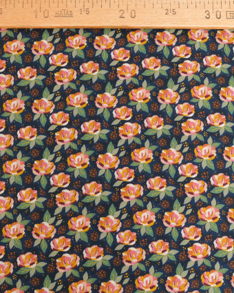 Popeline de Coton à Fleurs Multicolor Fond Bleu Nuit - Mercerine
